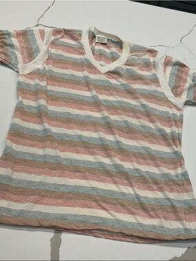 Vintage ELY U.S.A. Striped Women’s Tee in Cream, Pink & Blue Large